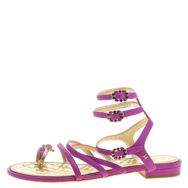 Women's Chanel Purple Leather Enamel Embellished Toe Ring Flat Sandals Size 38
