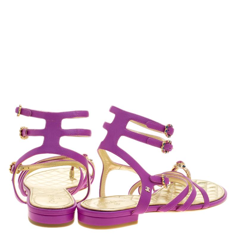 Beige Chanel Purple Leather Enamel Embellished Toe Ring Flat Sandals Size 38