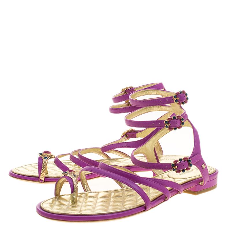 Chanel Purple Leather Enamel Embellished Toe Ring Flat Sandals Size 38 1