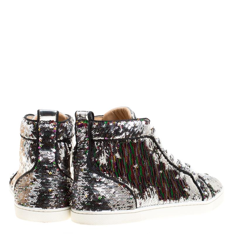 Gray Christian Louboutin Two Tone Sequins Bip Bip Orlato High Top Sneakers Size 38