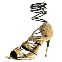 Tom Ford Metallic Gold Leather Stardust Lace Up Cage Sandals Size 37.5