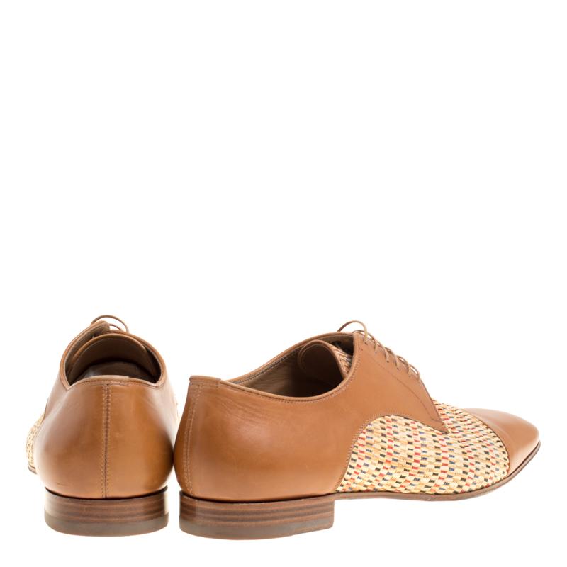 Christian Louboutin Brown Leather and Woven Straw Daviol Derby Size 43.5 In Good Condition In Dubai, Al Qouz 2