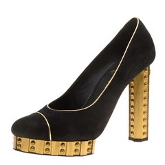 Chanel Black Suede and Gold Studded Platform Pumps Size 39.5