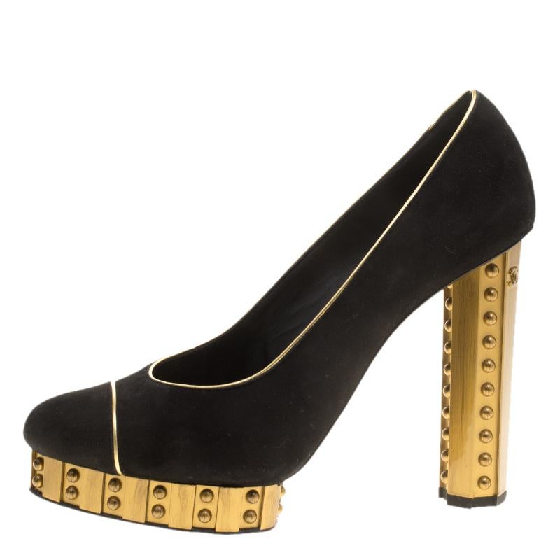 Women's Chanel Black Suede and Gold Studded Platform Pumps Size 39.5