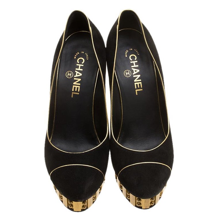 Chanel Black Suede and Gold Studded Platform Pumps Size 39.5 at 1stDibs