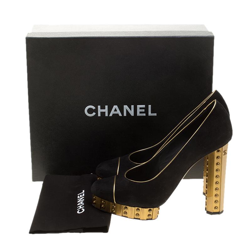 Chanel Black Suede and Gold Studded Platform Pumps Size 39.5 2