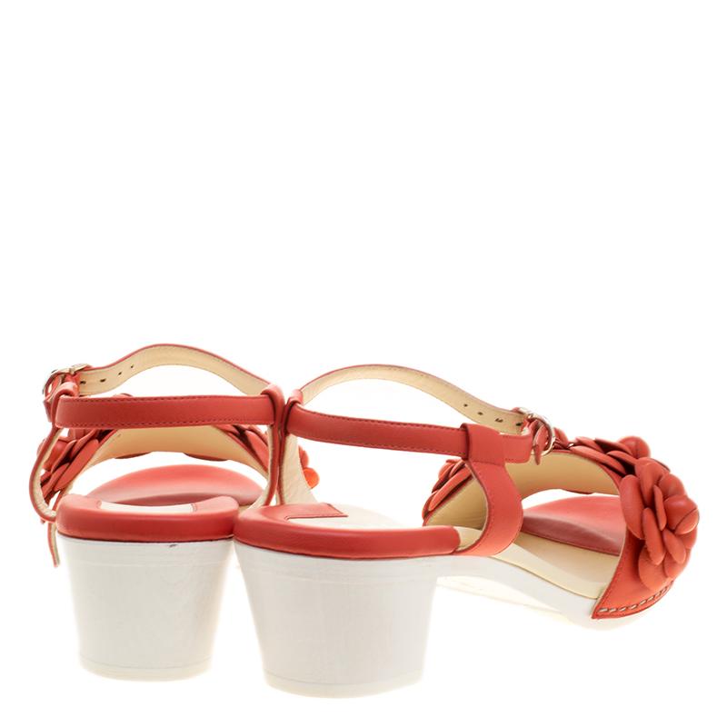White Chanel Orange Leather Camellia Embellished Ankle Strap Sandals Size 38
