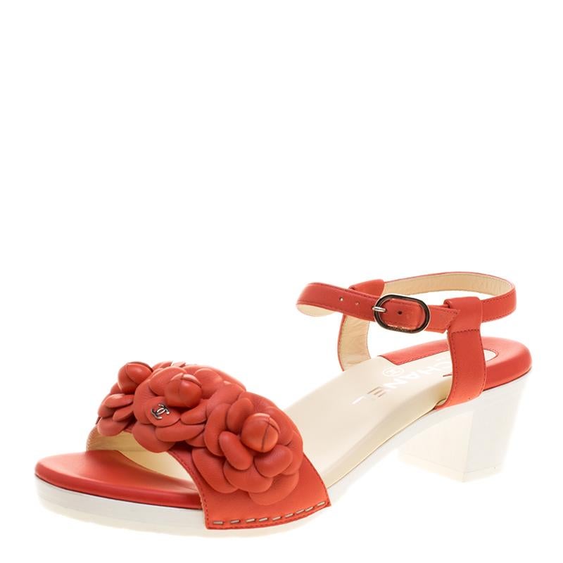 Chanel Orange Leather Camellia Embellished Ankle Strap Sandals Size 38