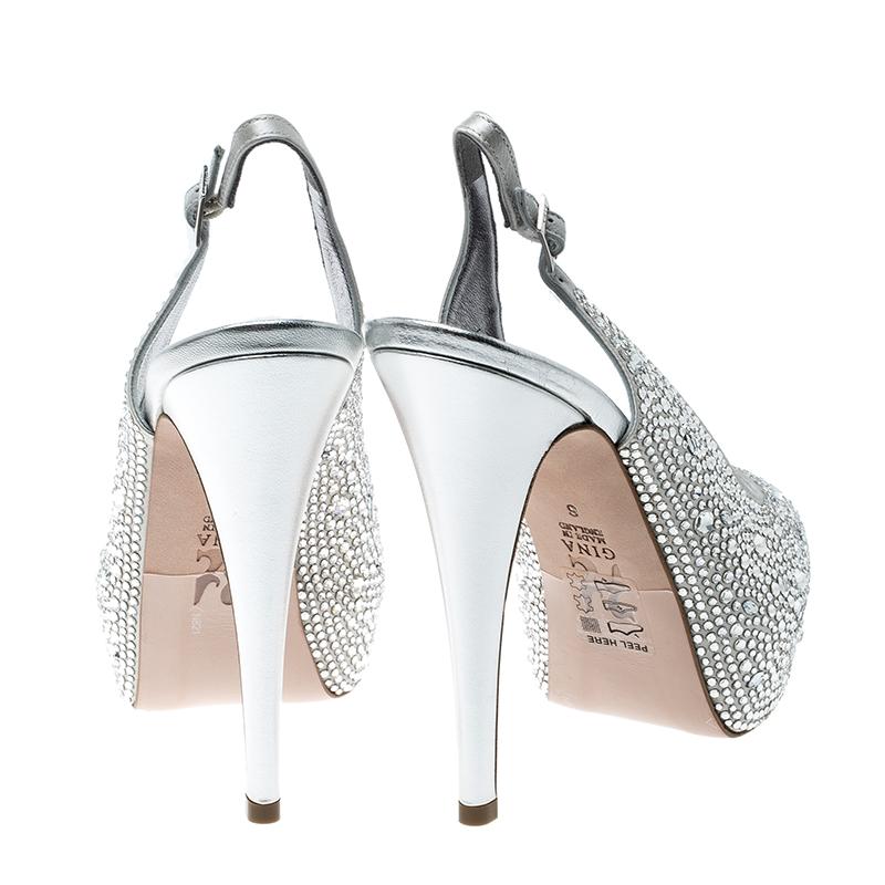 Gray Gina Grey Satin Crystal Embellished Peep Toe Platform Slingback Sandals Size 39