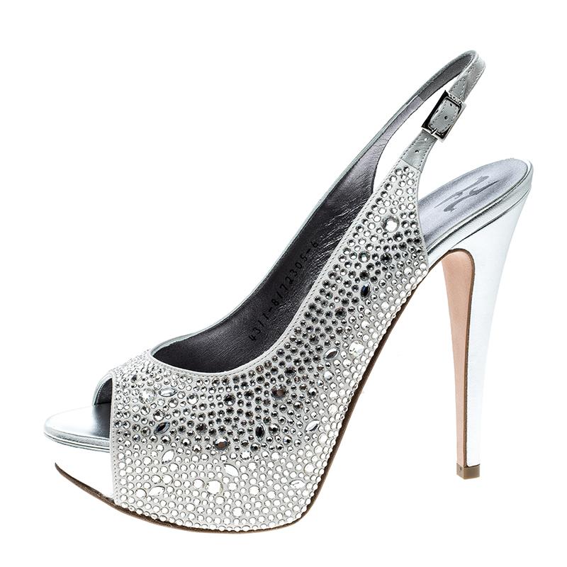 Women's Gina Grey Satin Crystal Embellished Peep Toe Platform Slingback Sandals Size 39