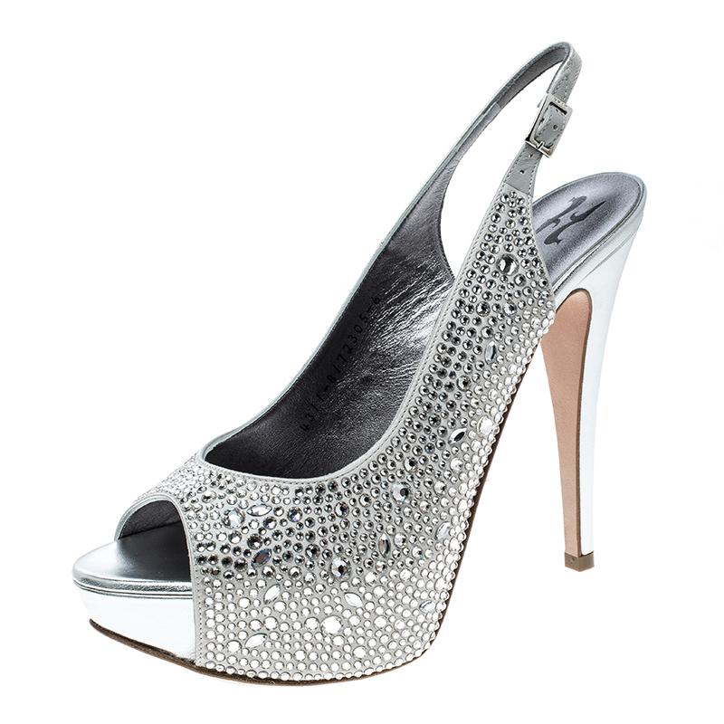 Gina Grey Satin Crystal Embellished Peep Toe Platform Slingback Sandals Size 39