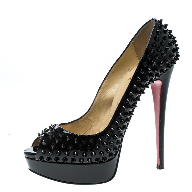 Christian Louboutin Black Patent Leather Lady Peep Toe Spike Platform Pumps Size