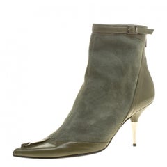 Dior Army Green Suede and Leather Glam Piercing Pointed Toe Ankle Boots Size 40.