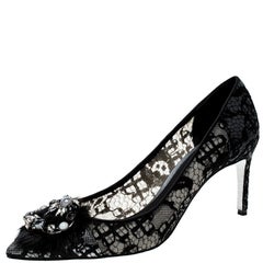 Rene Caovilla Dark Grey Lace and Mink Crystal Embellished Pointed Toe Pumps Size