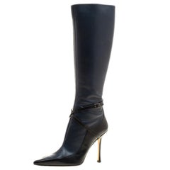 Jimmy Choo Black And Blue Leather Award Knee High Pointed Toe Boots Size 40
