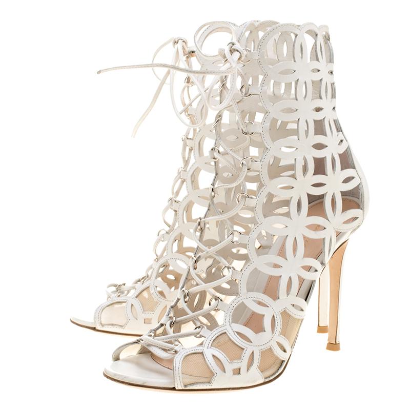 Gianvito Rossi White Cutout Leather Lace Up Peep Toe Sandals Size 37 2