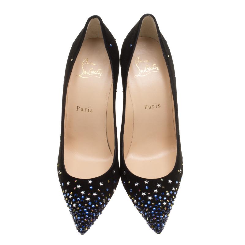 Sporting a soft suede exterior, these will be an elegant addition to your wardrobe. A long, flowy gown will go perfectly well with this pair of black Christian Louboutin pumps. They feature pointed toes, 11 cm heels and little crystal and star