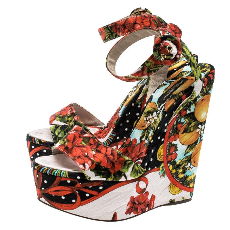 Dolce and Gabbana Multicolor Printed Brocade Peep Toe Ankle Wrap Wedge Sandals S 1