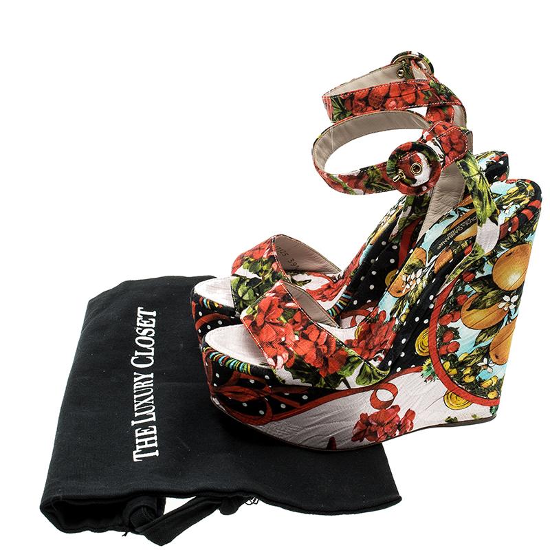 Dolce and Gabbana Multicolor Printed Brocade Peep Toe Ankle Wrap Wedge Sandals S 2