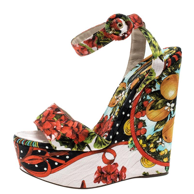 Women's Dolce and Gabbana Multicolor Printed Brocade Peep Toe Ankle Wrap Wedge Sandals S