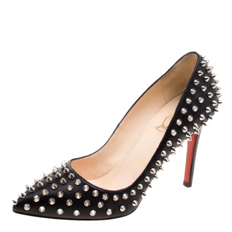Christian Louboutin Black Leather Pigalle Spikes Pumps Size 37