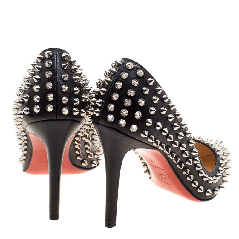 Beige Christian Louboutin Black Leather Pigalle Spikes Pumps Size 37