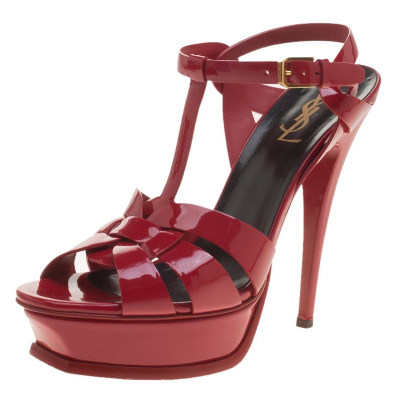 Saint Laurent Paris Red Patent Leather Tribute Platform Sandals Size 39