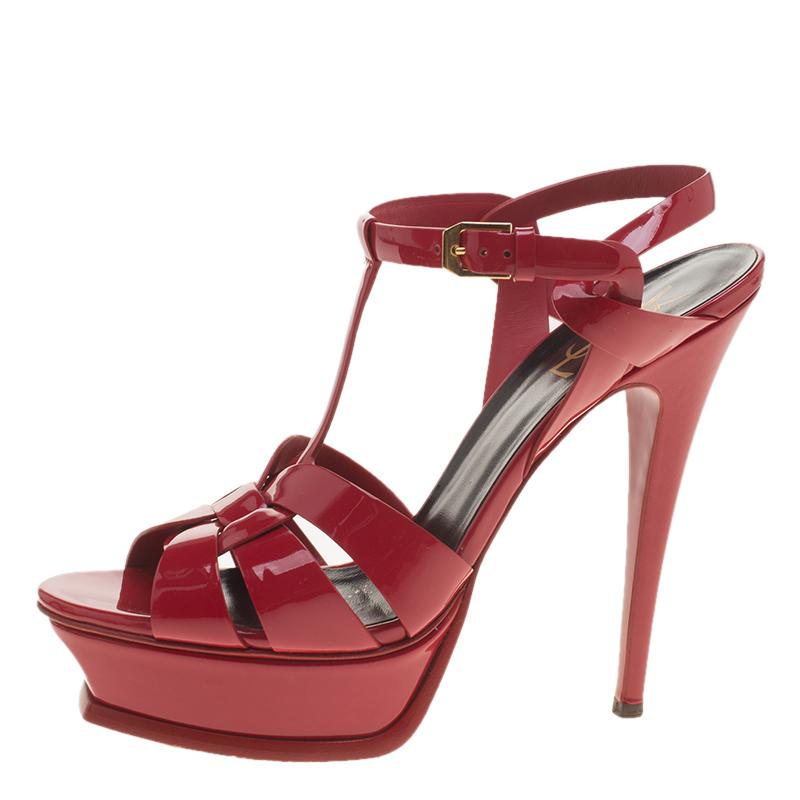 Women's Saint Laurent Paris Red Patent Leather Tribute Platform Sandals Size 39