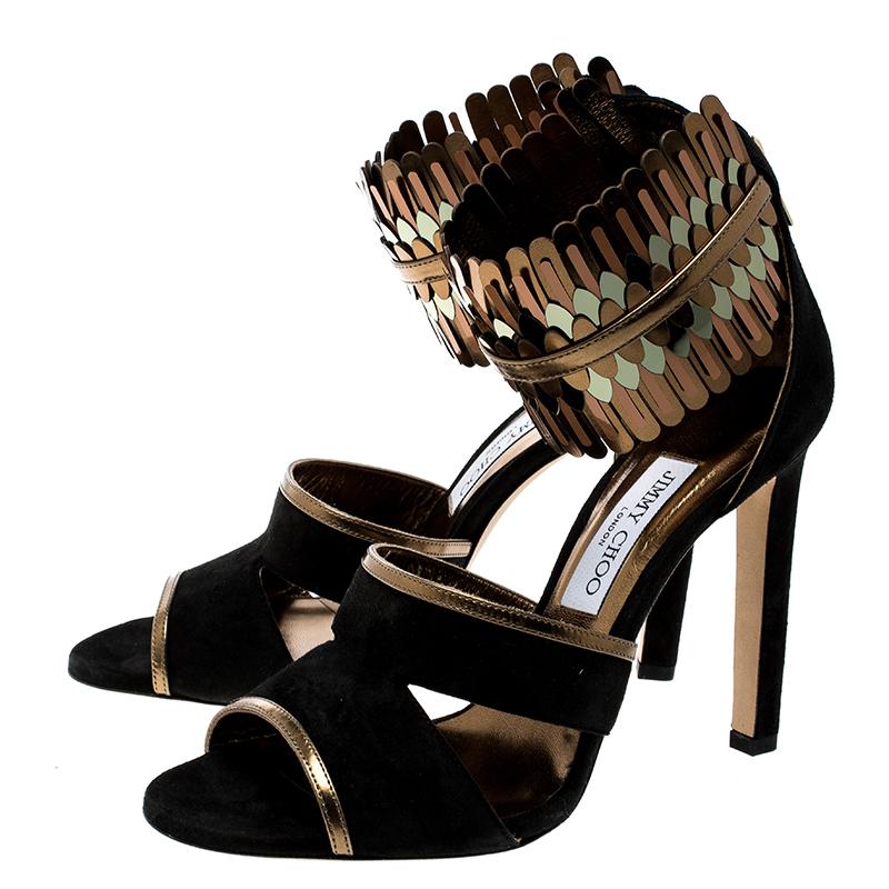 Women's Jimmy Choo Black Suede and Metallic Mirrored Leather Klara Ankle Cuff Peep Toe S
