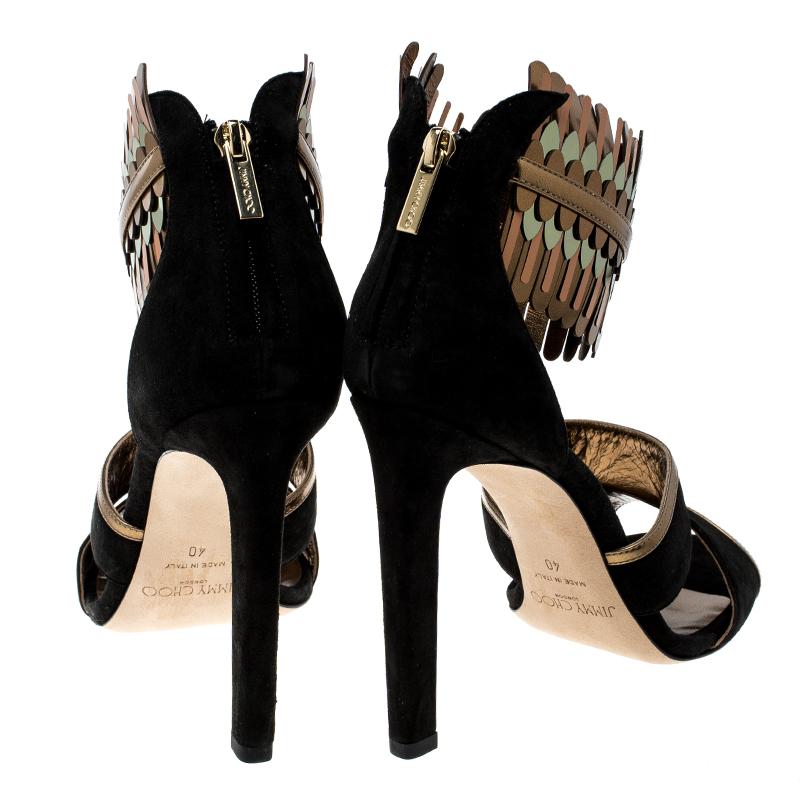 Jimmy Choo Black Suede and Metallic Mirrored Leather Klara Ankle Cuff Peep Toe S In New Condition In Dubai, Al Qouz 2