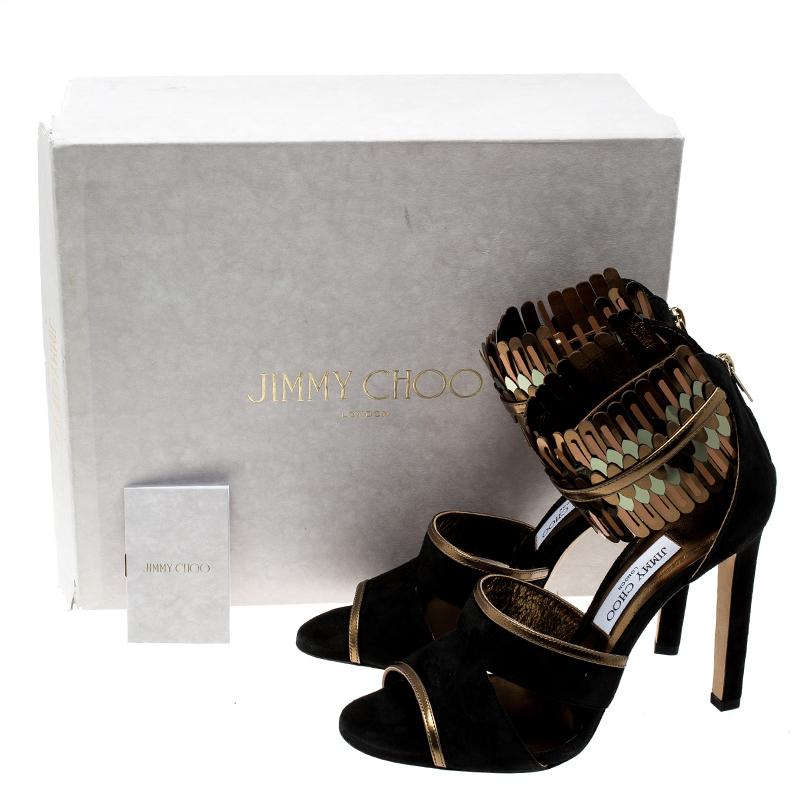 Jimmy Choo Black Suede and Metallic Mirrored Leather Klara Ankle Cuff Peep Toe S 1