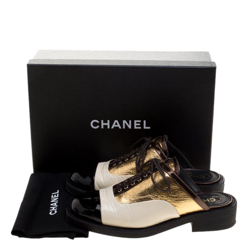 Chanel Tricolor Patent Leather Lace Up Slip On Mules Size 38 2