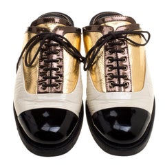 Chanel Tricolor Patent Leather Lace Up Slip On Mules Size 38