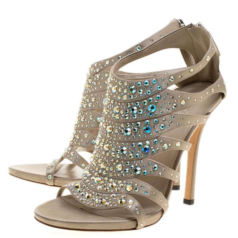 Gucci Beige Crystal Embellished Satin Peep Toe Cage Sandals Size 38.5 2