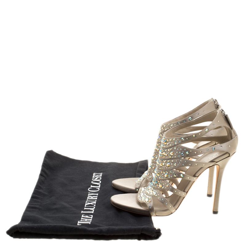 Gucci Beige Crystal Embellished Satin Peep Toe Cage Sandals Size 38.5 3