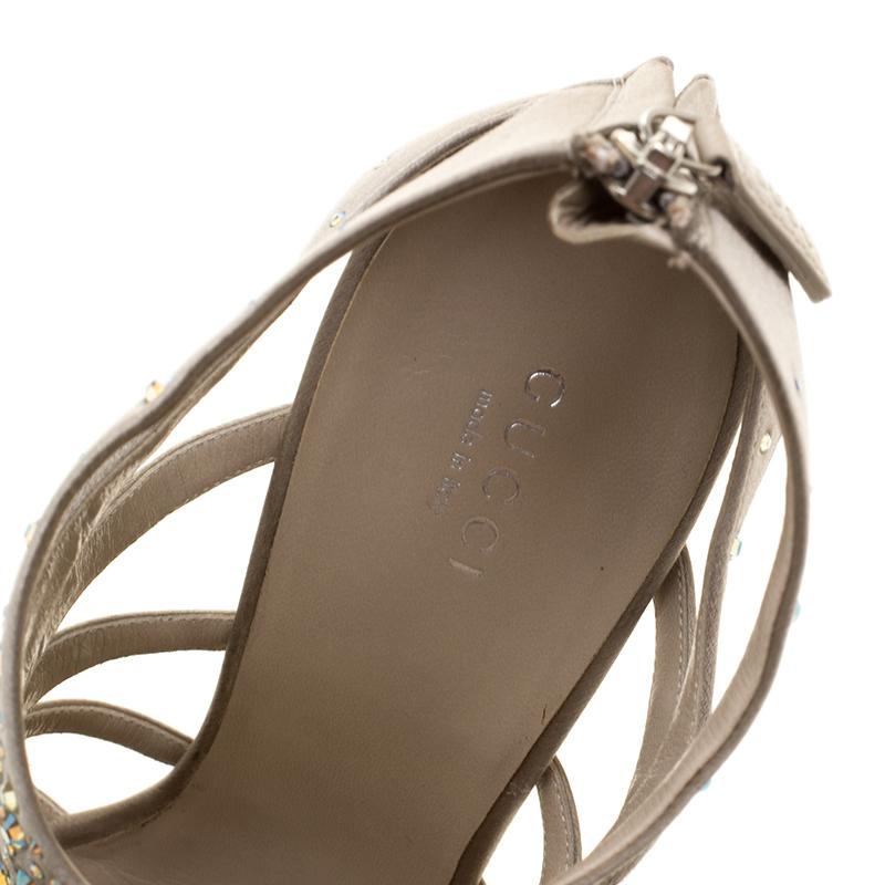 Gucci Beige Crystal Embellished Satin Peep Toe Cage Sandals Size 38.5 4