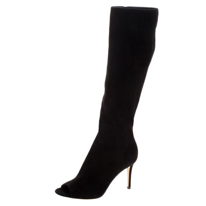 Gianvito Rossi Black Suede Open Toe Knee High Boots Size 37