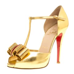 Christian Louboutin Metallic Gold Leather Archidisco T Strap Peep Toe Sandals Si