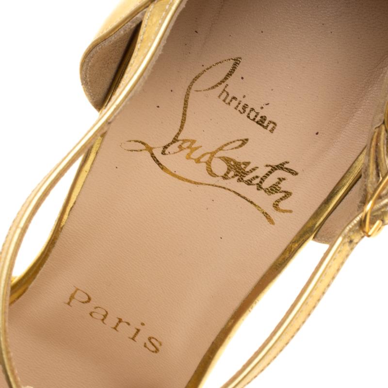 Christian Louboutin Metallic Gold Leather Archidisco T Strap Peep Toe Sandals Si 4