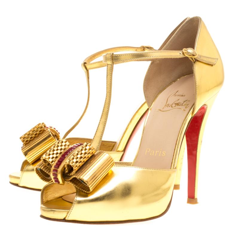 Christian Louboutin Metallic Gold Leather Archidisco T Strap Peep Toe Sandals Si 2