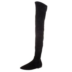 Used Isabel Marant Black Stretch Suede Brenna Over the Knee Thigh High Boots Size 37