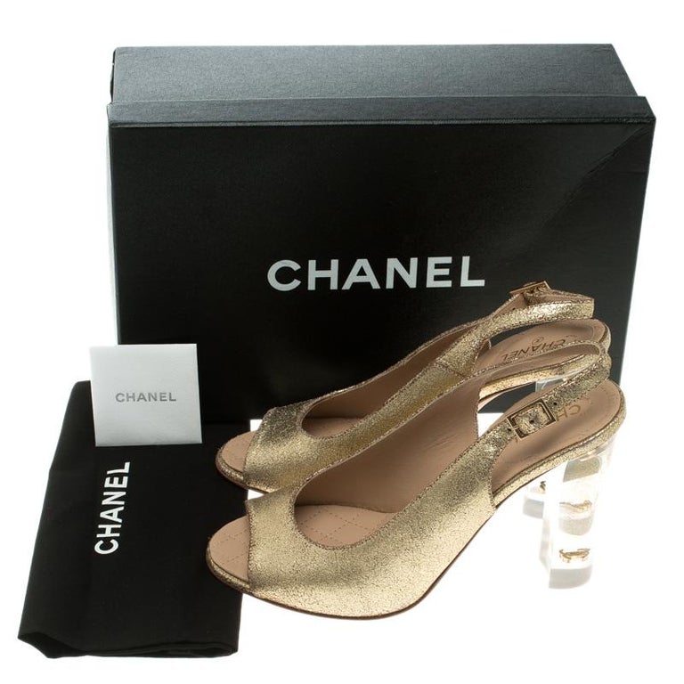 Chanel Gold Crackled Leather Glitter CC Lucite Heel Peep Toe Slingback ...