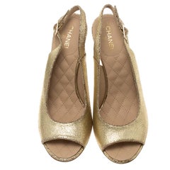 Chanel Gold Crackled Leather Glitter CC Lucite Heel Peep Toe Slingback Sandals S