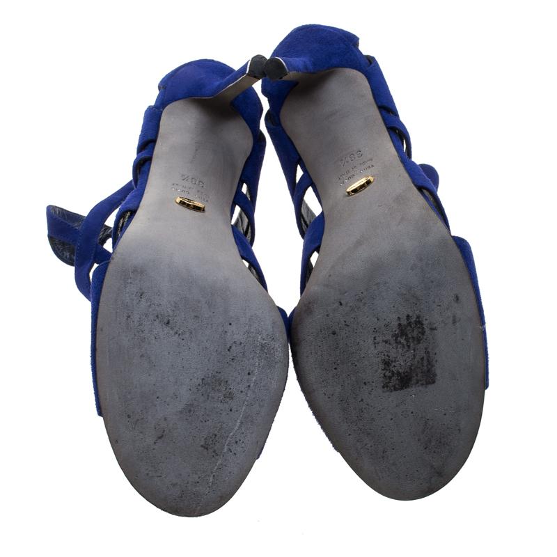Sergio Rossi Blue Suede Cutout Sandals Size 38.5 In Good Condition In Dubai, Al Qouz 2