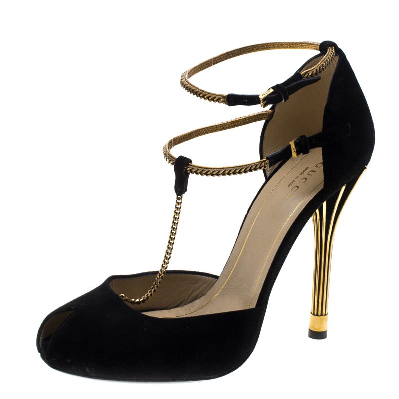 Gucci Black Suede Ophelie Chain Detail Ankle Strap Pumps Size 38.5 at  1stDibs