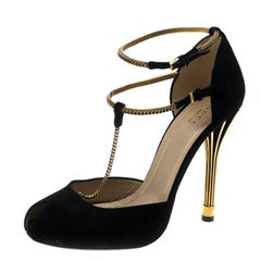 Gucci Black Suede Ophelie Chain Detail Ankle Strap Pumps Size 38.5
