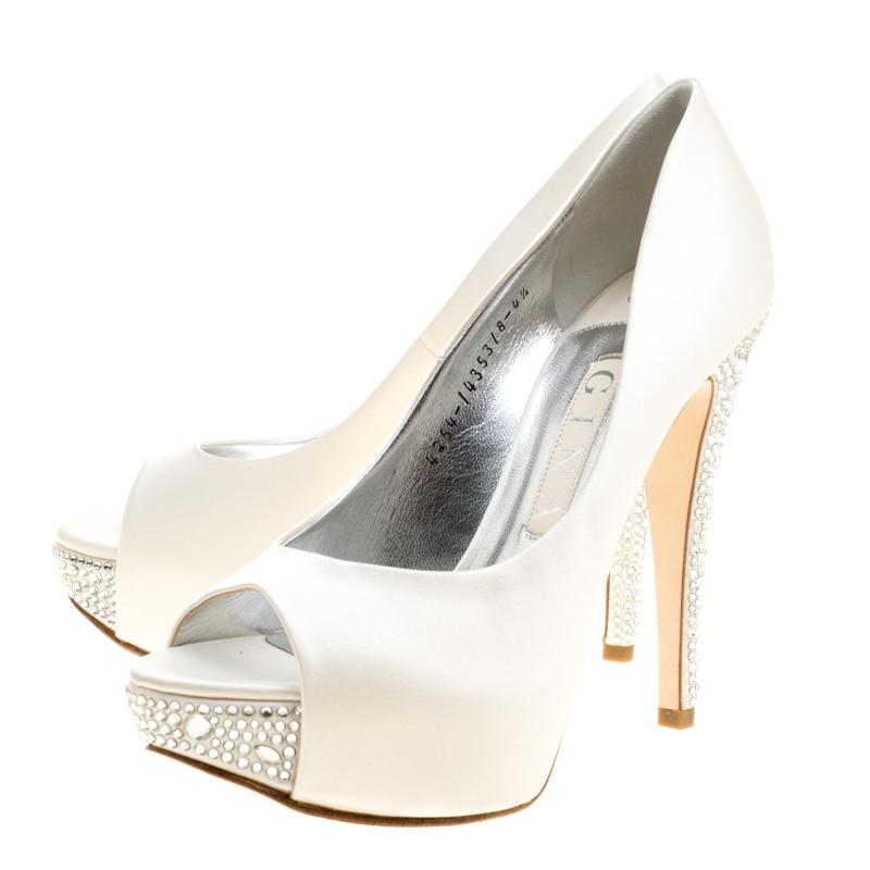 Gina White Satin Jenna Crystal Embellished Heel Peep Toe Platform Pumps Size 37. 1