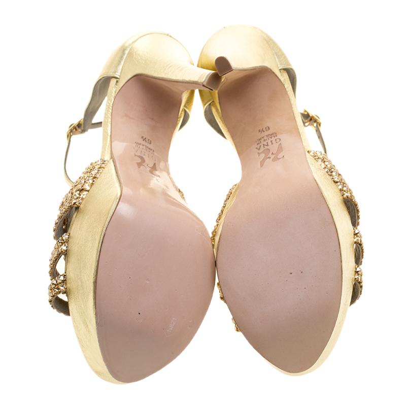 Women's Gina Metallic Gold Leather Sheridan Crystal Embellished Platform Ankle Strap San