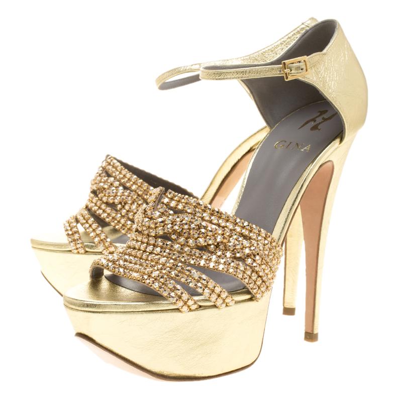 Gina Metallic Gold Leather Sheridan Crystal Embellished Platform Ankle Strap San 2
