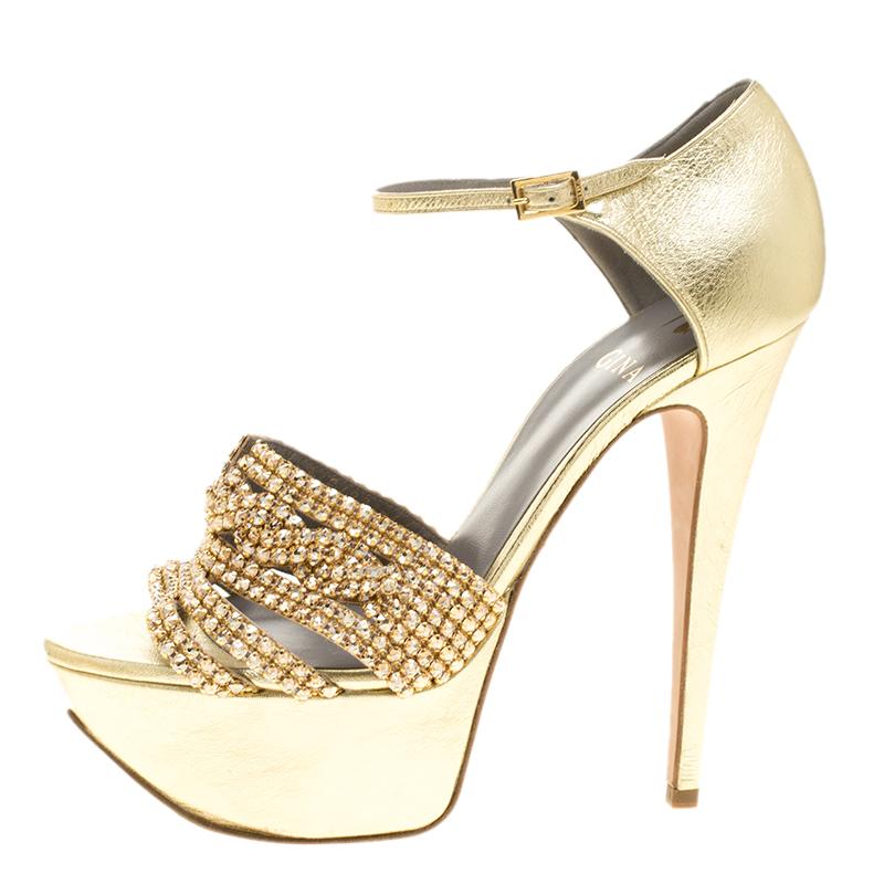 Gina Metallic Gold Leather Sheridan Crystal Embellished Platform Ankle Strap San 1